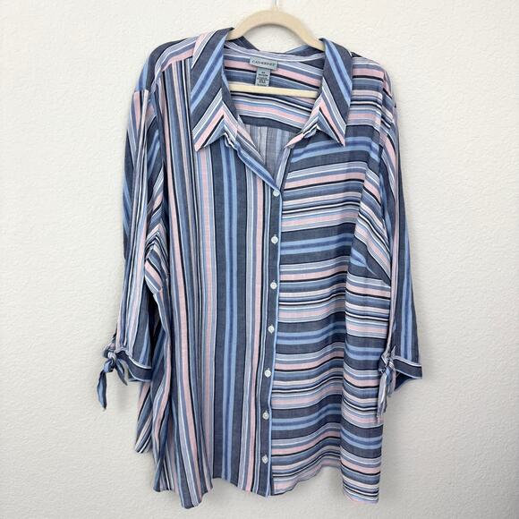 Catherines Womens Button Front Shirt Size 4X Striped Flowy Feminine Blue - Picture 1 of 6